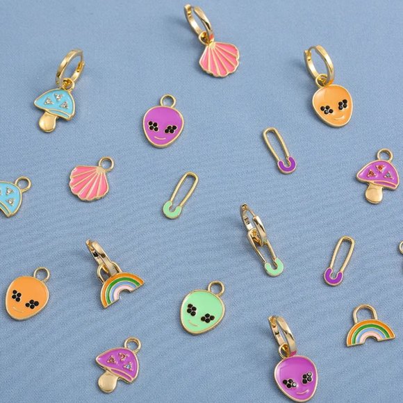 Gold & Purple Enamel Mushroom Rhinestone Huggie Dangle Earrings NEW - Picture 7 of 8